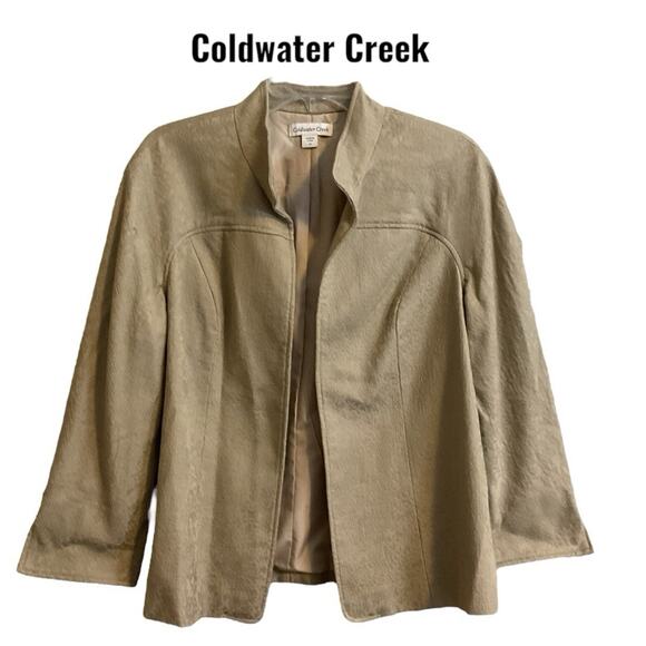 Coldwater Creek Jacket Women’s SZ 12 Tan Demask Abstract Print Open Lined Cotton - Picture 1 of 10